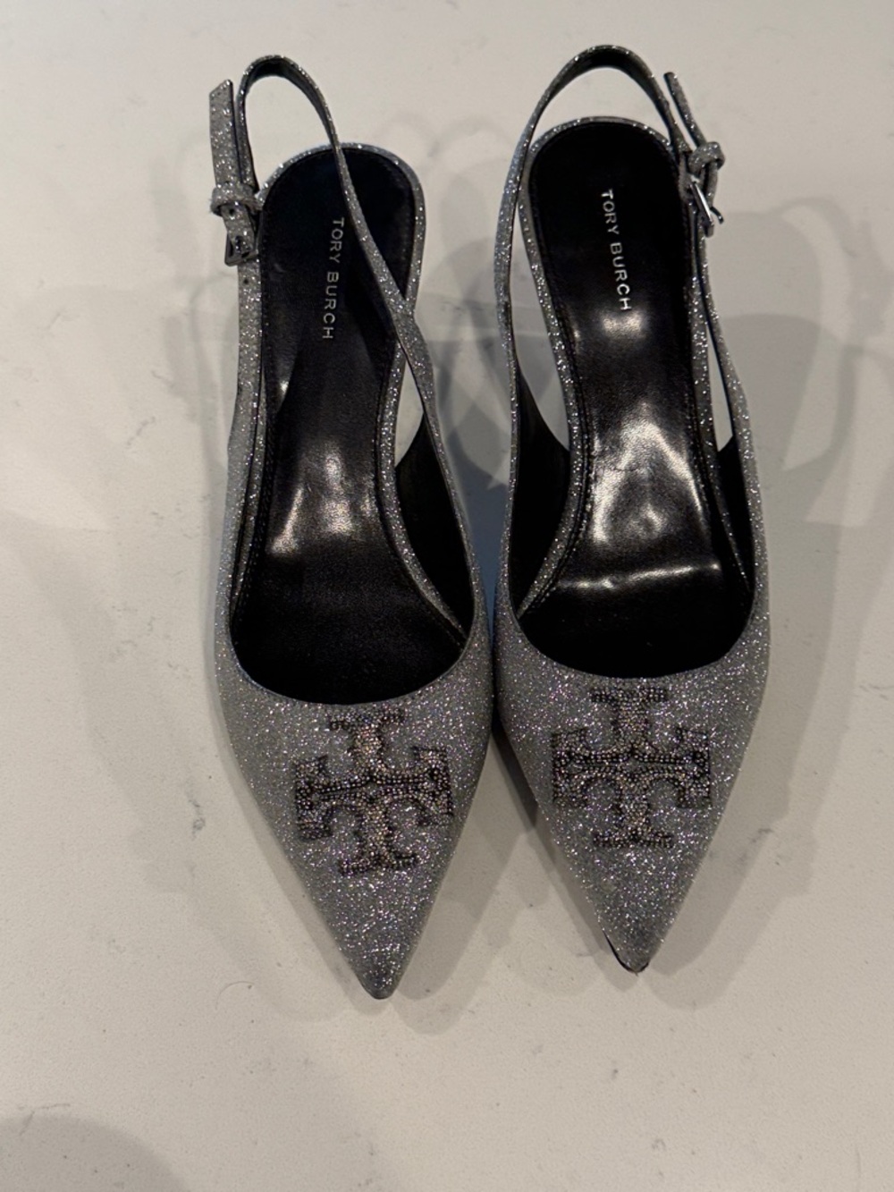 Gently used Tory Burch Silver Glitter Pointed Slingback Heels with Logo 8.5 - Picture 2 of 7